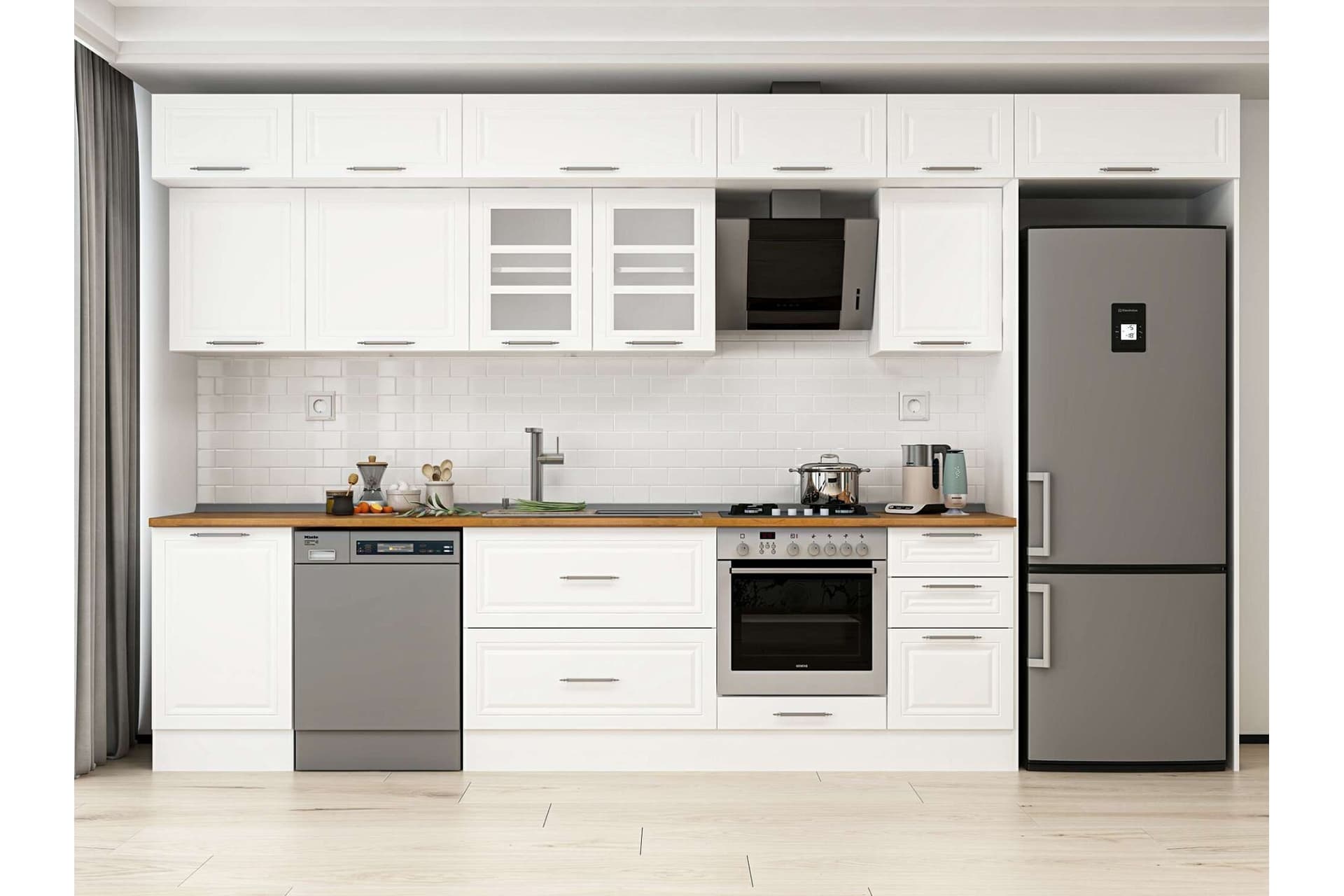 ALVİNKA 375X240 CM KLASİK MEBRAN MUTFAK DOLABI, MB E80S50S45 3 MEBRAN BEYAZ SUNTALAM