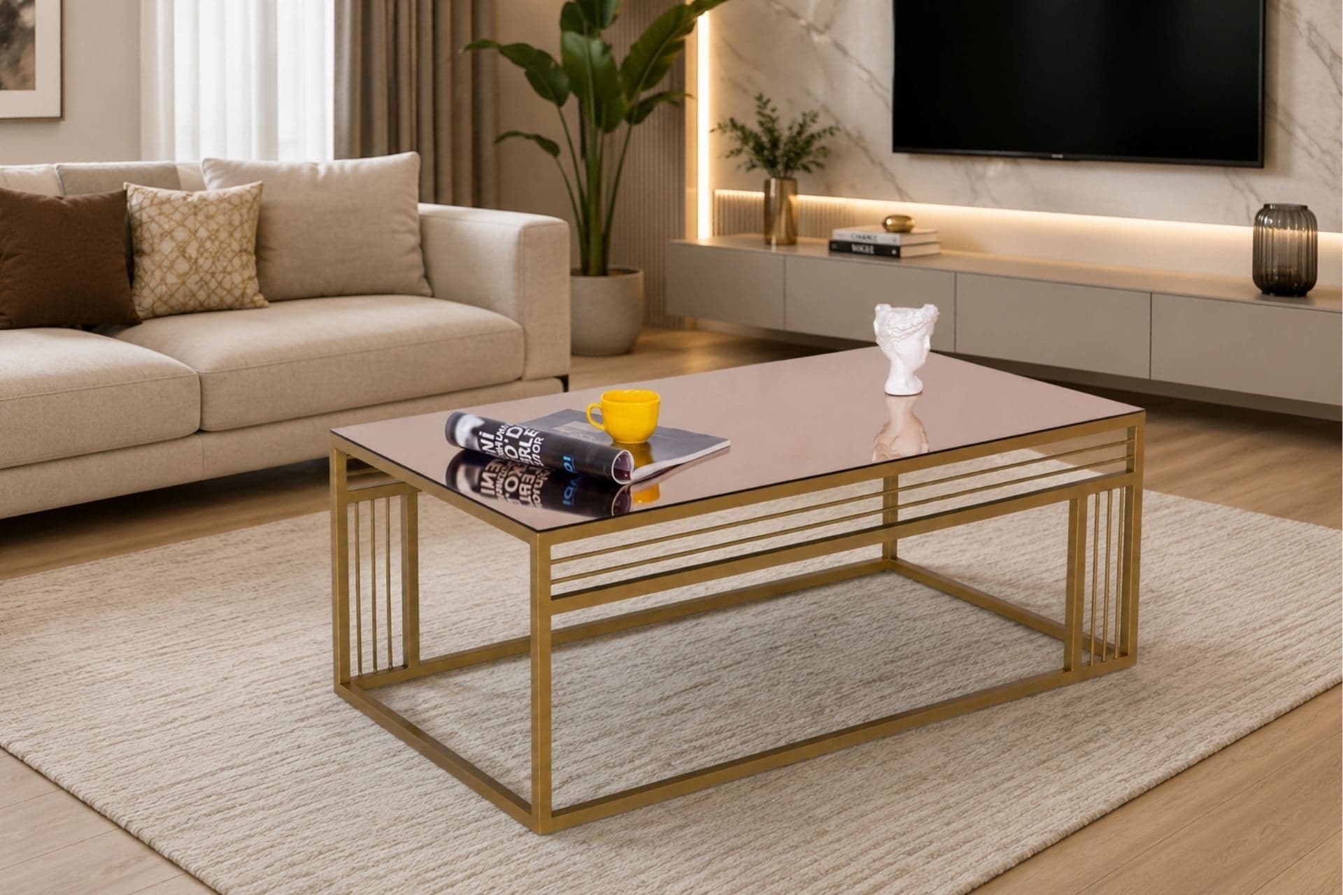 MİLANO GOLD METAL AYAKLI BRONZ AYNALI ORTA SEHPA