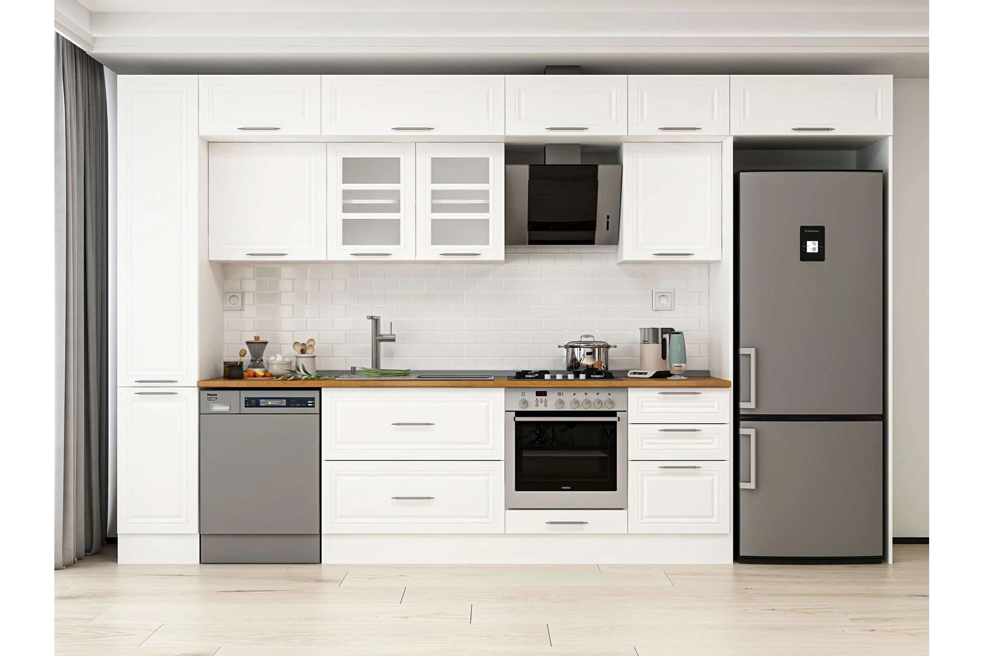 ALVİNKA 380X240 CM KLASİK MEBRAN MUTFAK DOLABI, MBB E90B40S50 3 MEBRAN BEYAZ SUNTALAM