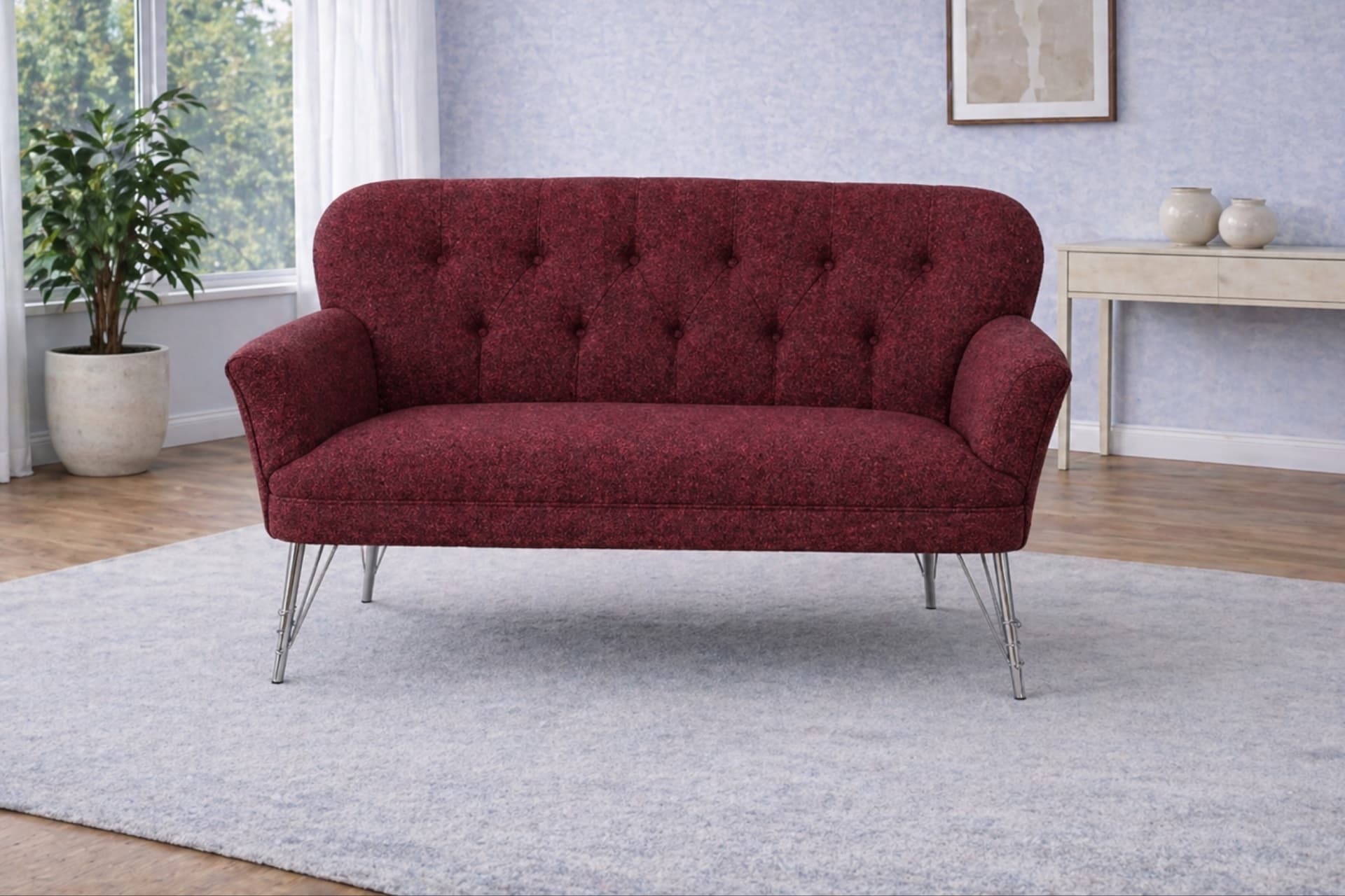 PUFY KOLLU İKİLİ KOLTUK, BORDO, METAL KROM AYAK