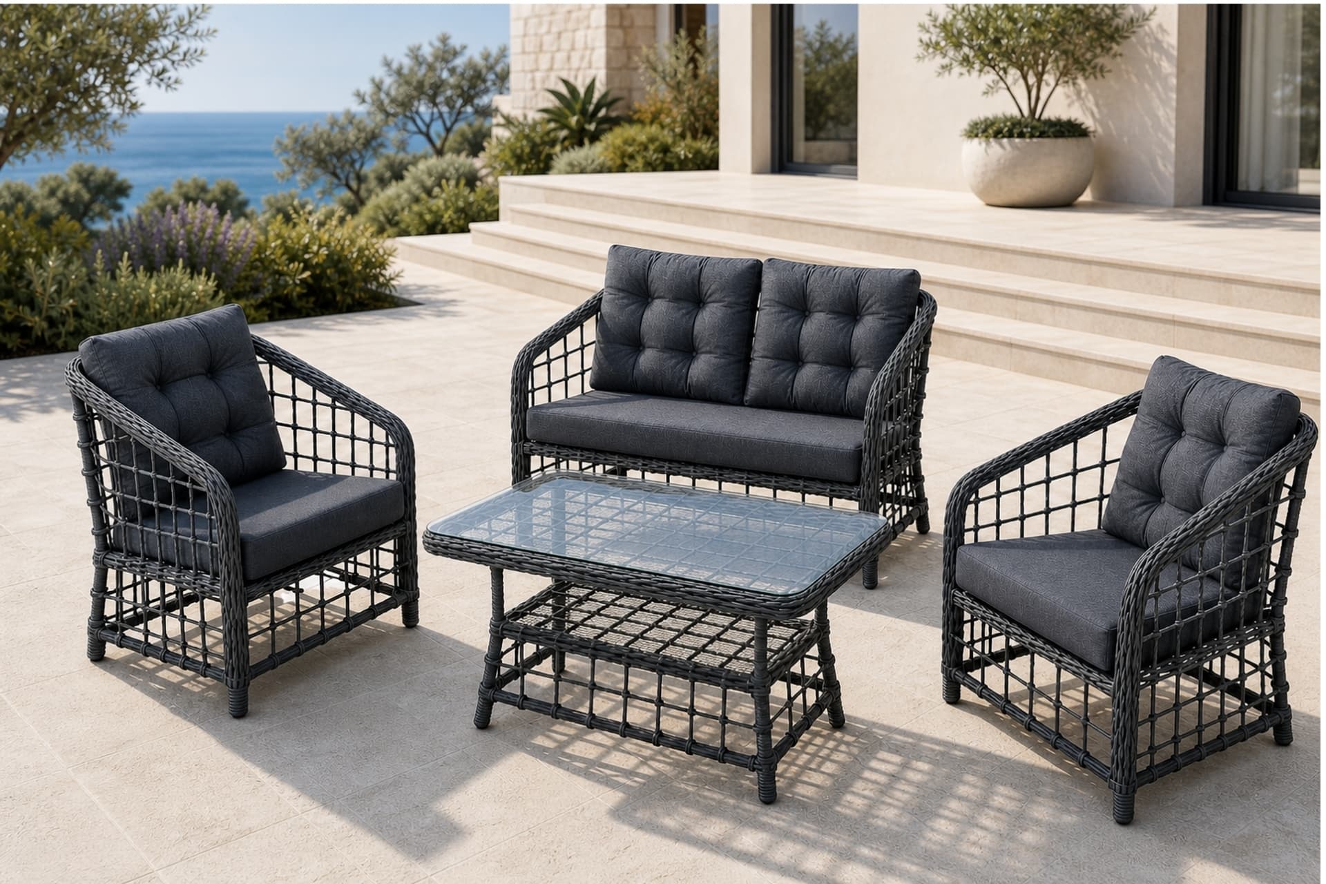 ATAKUM 4 KİŞİLİK MİNDERLİ RATTAN BAHÇE BALKON OTURMA GRUBU, ANTRASİT