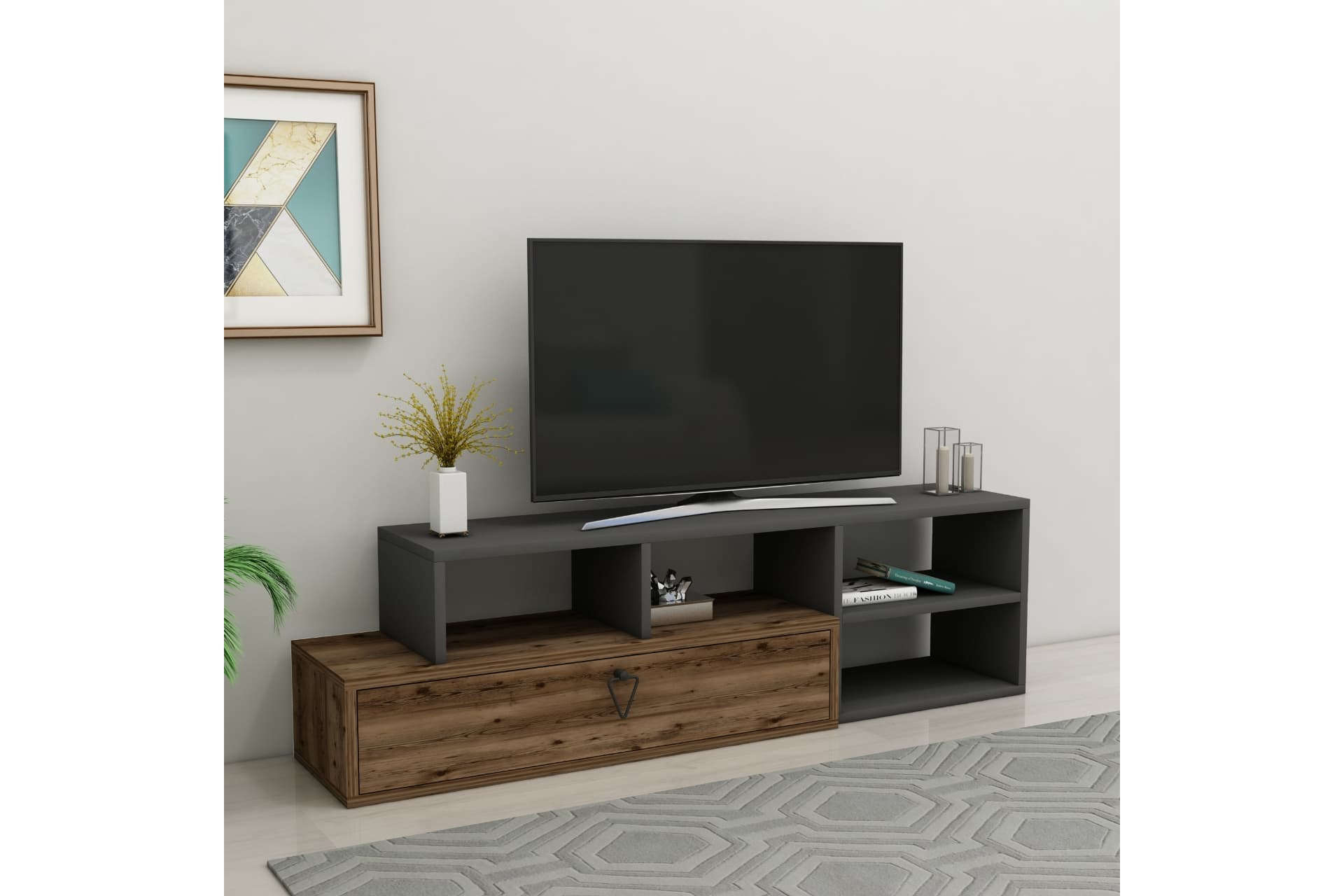 DURU RAFLI KAPAKLI MODERN TV SEHPASI, CEVİZ ANTRASİT