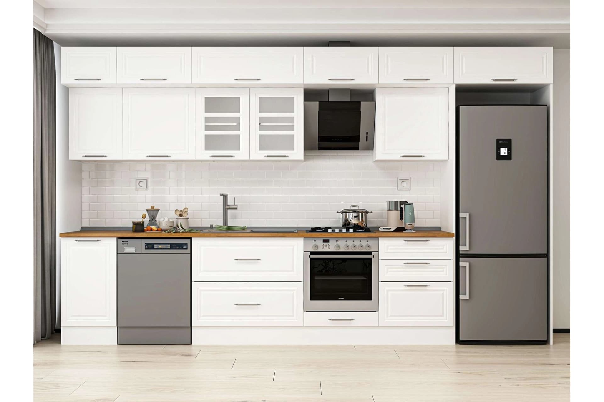 ALVİNKA 395X240 CM KLASİK MEBRAN MUTFAK DOLABI, MB E90S45S60 3 MEBRAN BEYAZ SUNTALAM