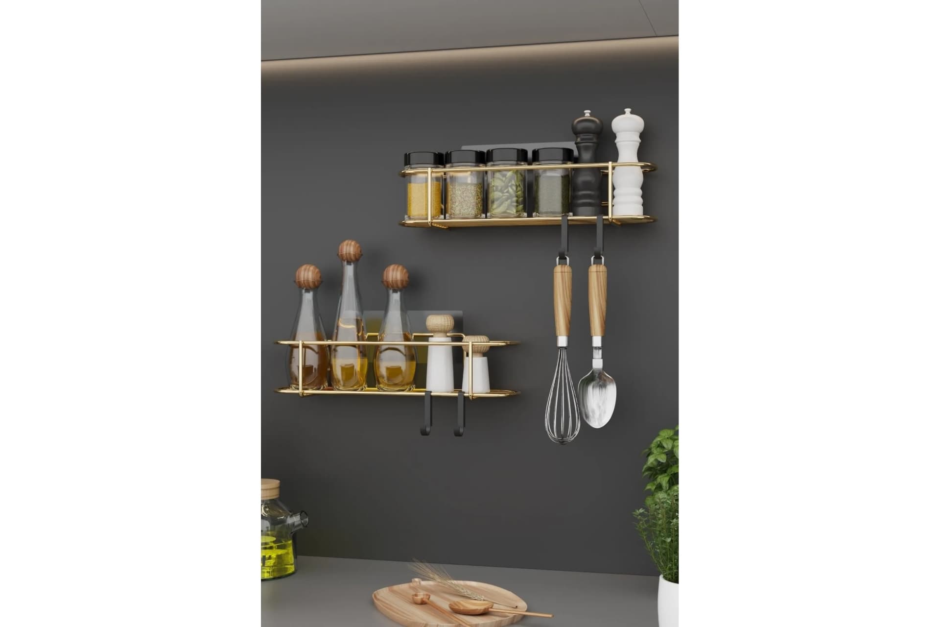 BİNO GOLD METAL BAHARATLIK MUTFAK BANYO RAFI, İKİLİ SET