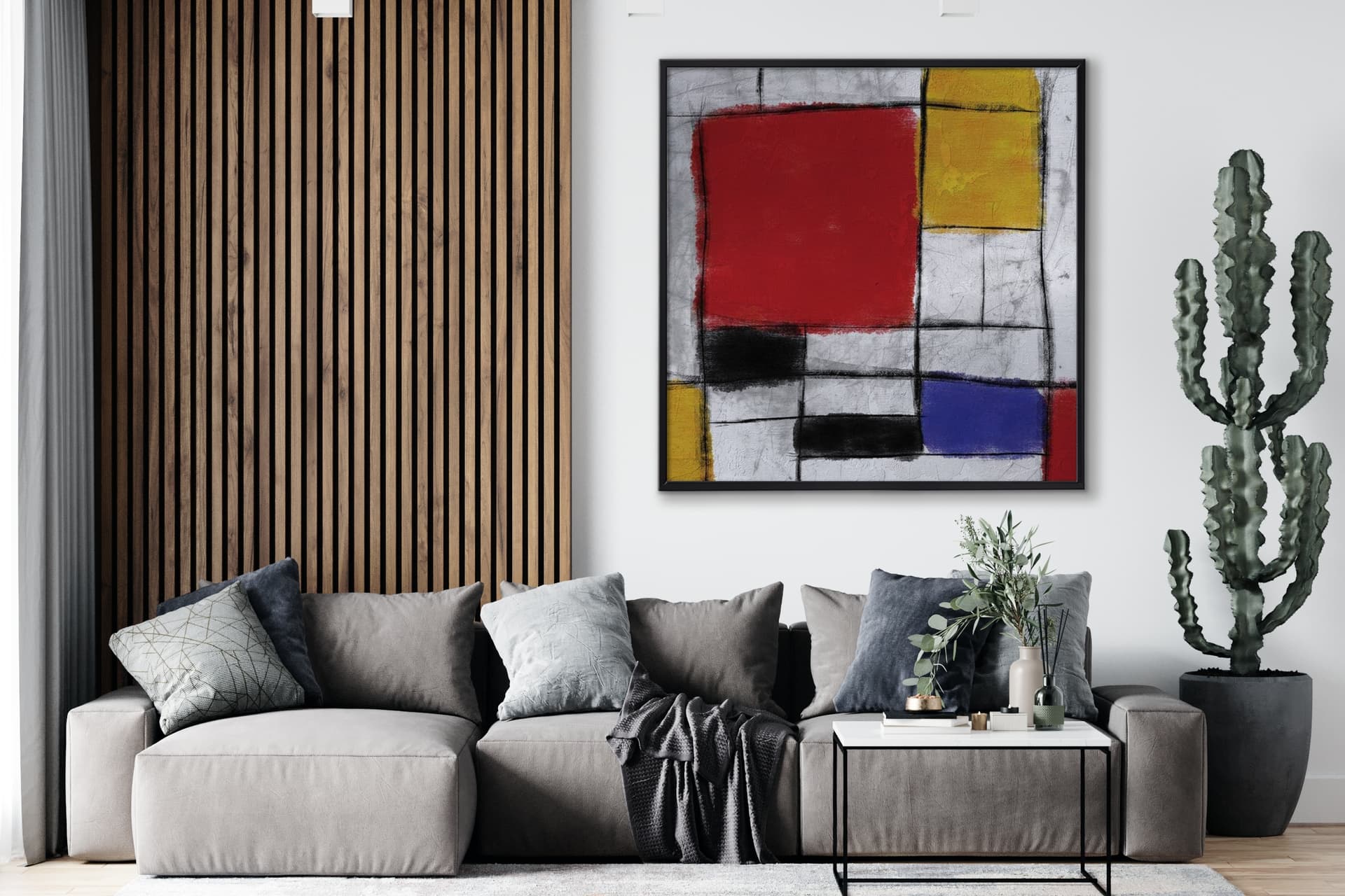 ÇERÇEVELİ AHŞAP TRAVERTEN DOKULU  MODERN MONDRİAN