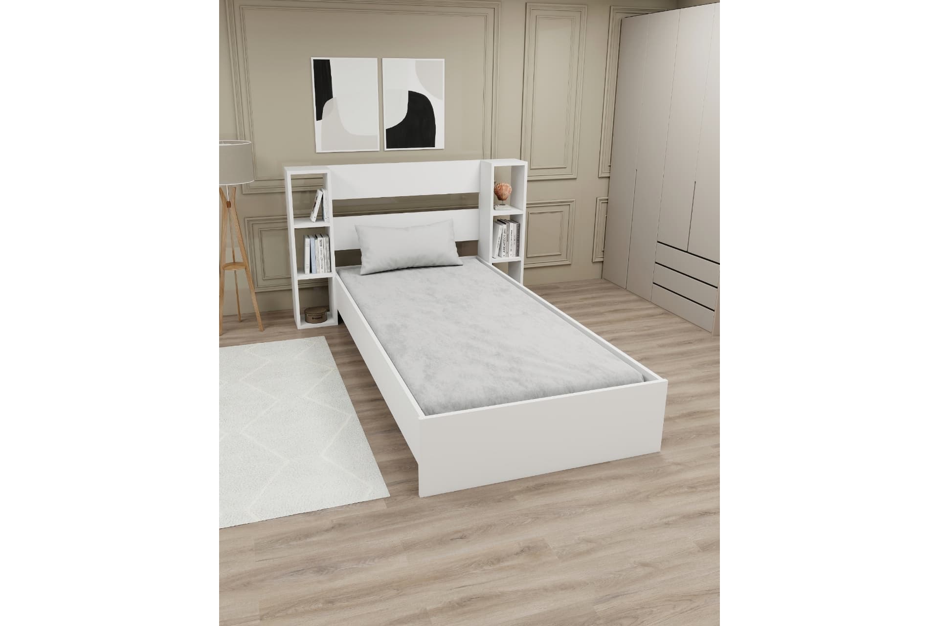 SMART RAFLI KİTAPLIKLI TEK KİŞİLİK KARYOLA, BEYAZ, 90X190
