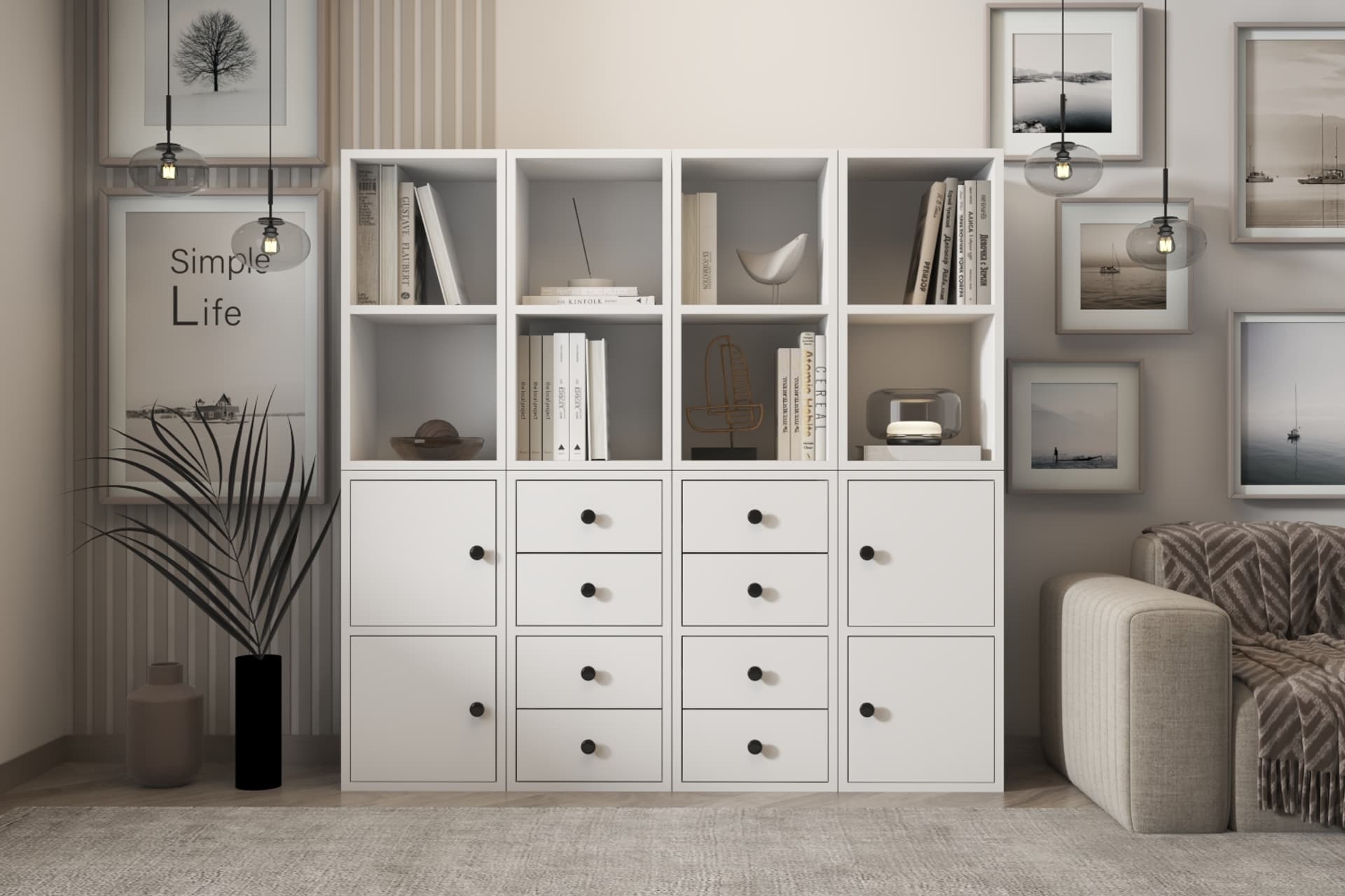 LEKSA 4 KAPAKLI ÇEKMECELİ RAFLI KİTAPLIK 97 CM BEYAZ KTP-1071-Ç