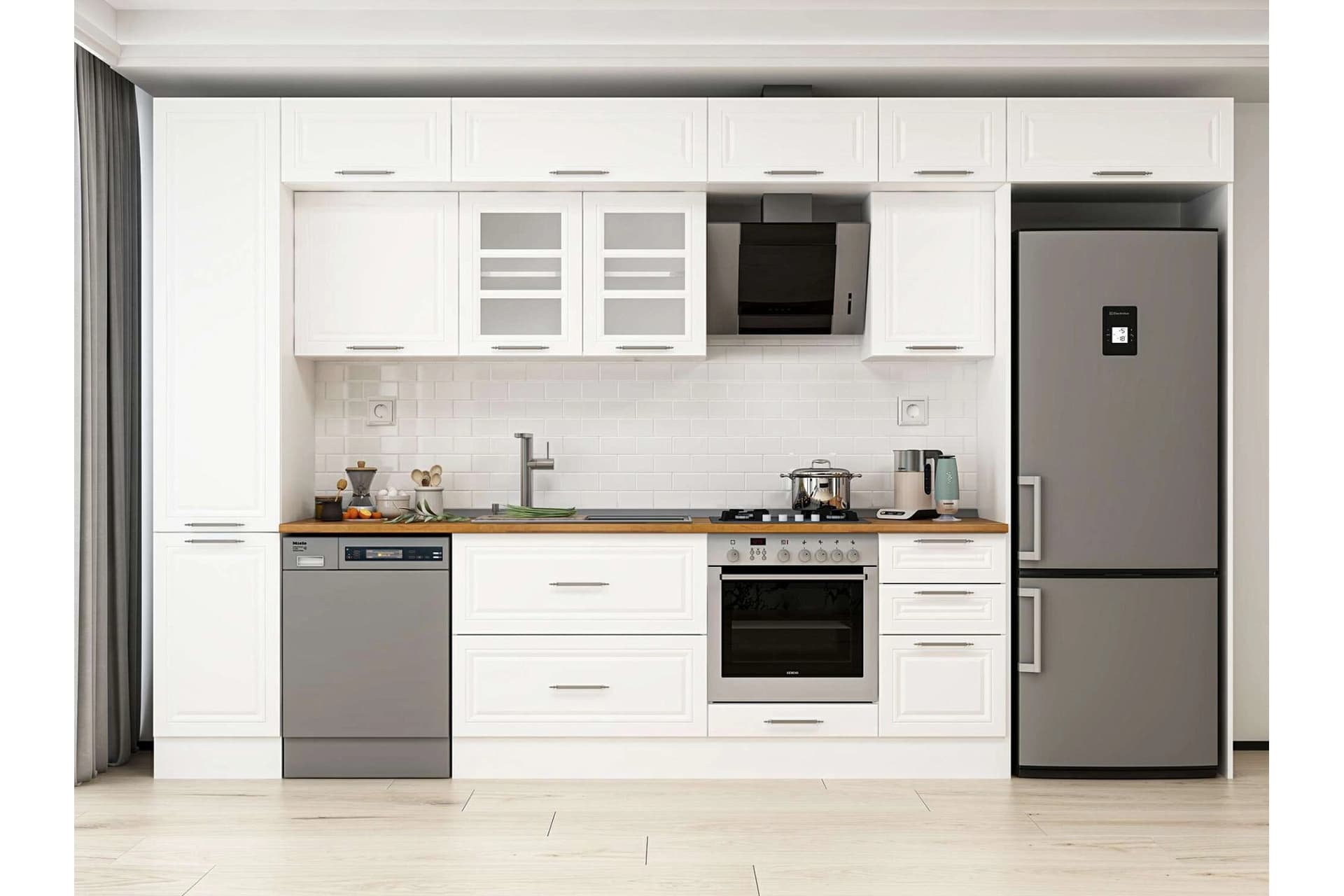 ALVİNKA 370X240 CM KLASİK MEBRAN MUTFAK DOLABI, MBB E80B45S45 3 MEBRAN BEYAZ SUNTALAM