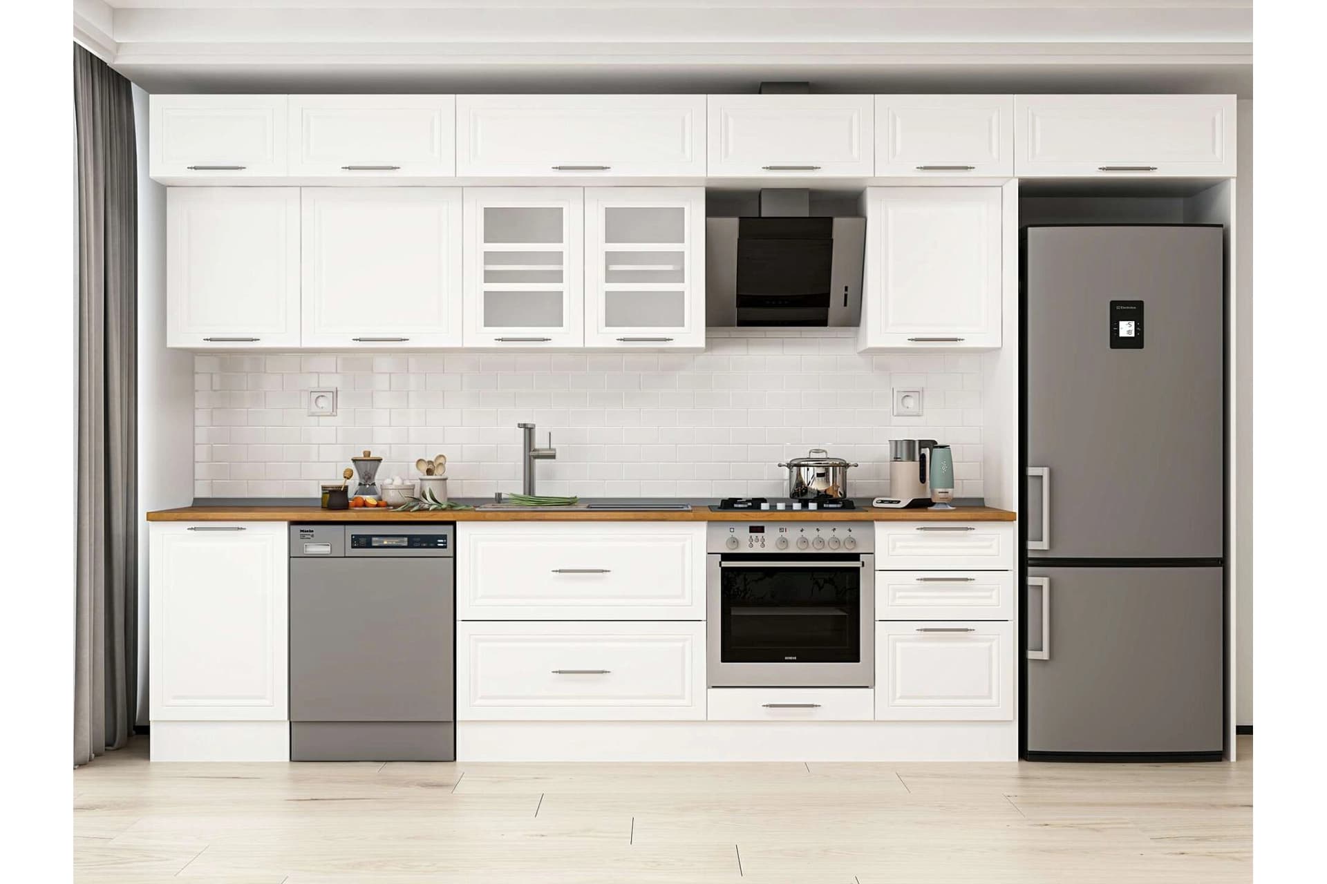 ALVİNKA 380X240 CM KLASİK MEBRAN MUTFAK DOLABI, MB E80S50S50 3 MEBRAN BEYAZ SUNTALAM