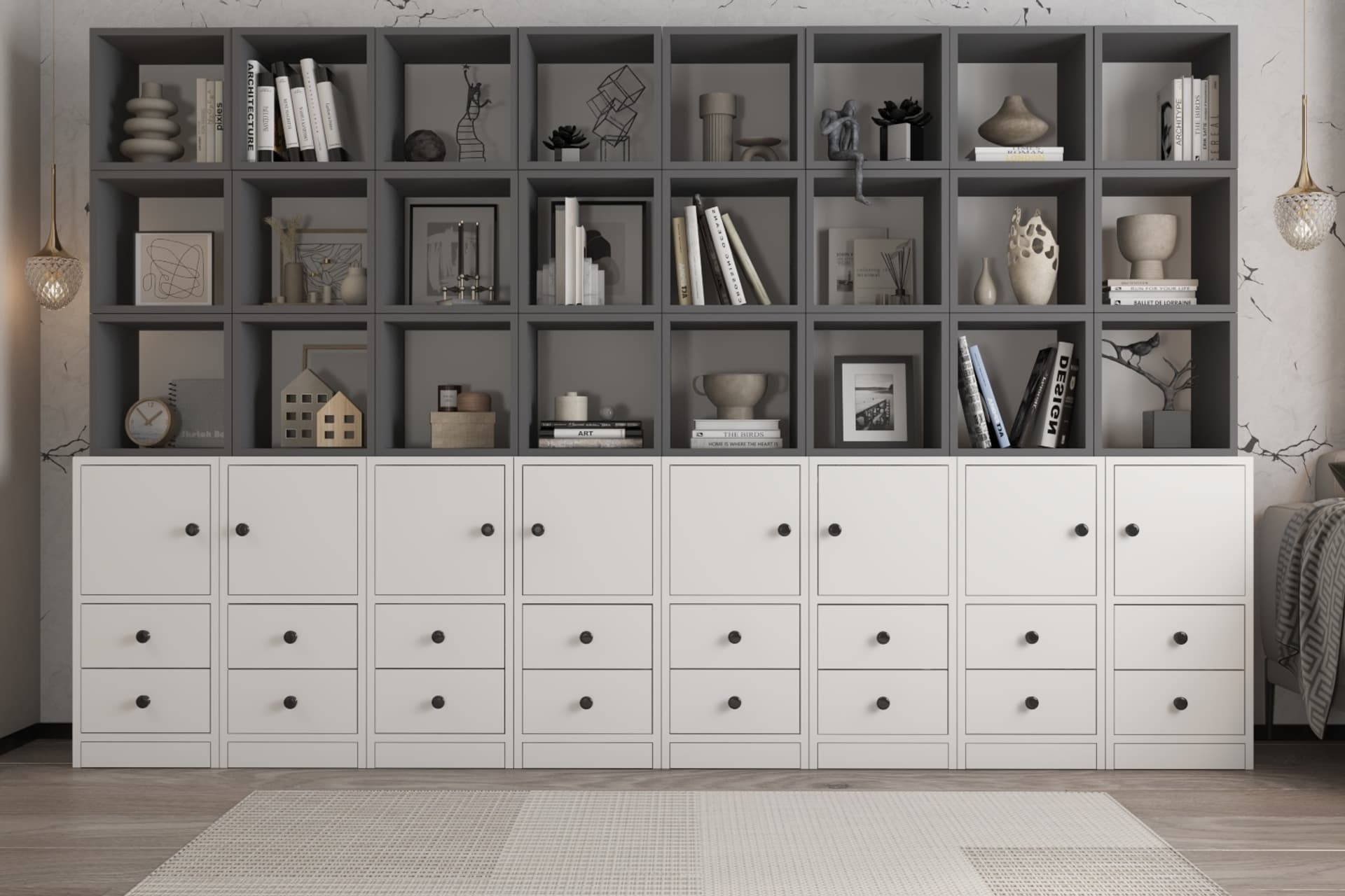 LEXSA ÇOK AMAÇLI BÖLMELİ DOLAPLI ÇEKMECELİ SALON OFİS KİTAPLIĞI, BEYAZ ANTRASİT