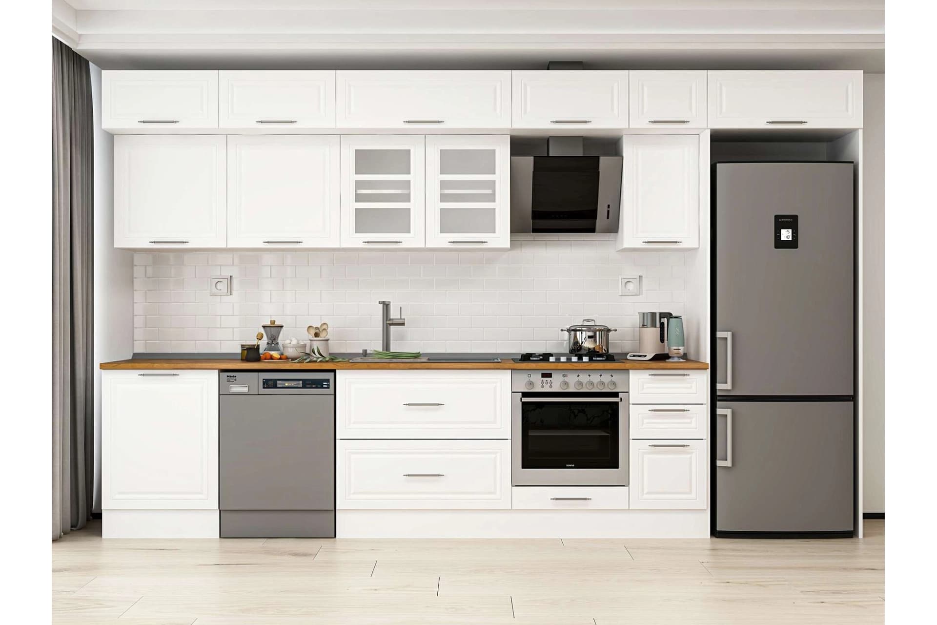 ALVİNKA 380X240 CM KLASİK MEBRAN MUTFAK DOLABI, MB E80S60S40 3 MEBRAN BEYAZ SUNTALAM