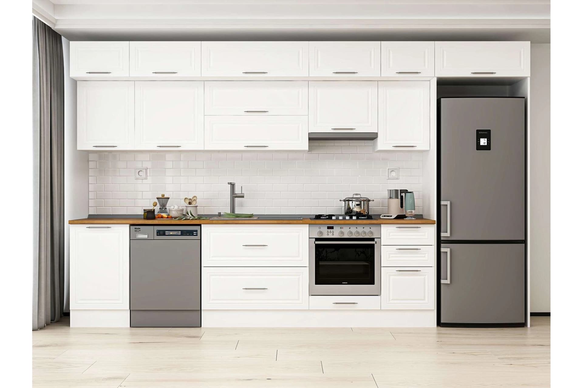 ALVİNKA 385X240 CM KLASİK MEBRAN MUTFAK DOLABI, MB E90S50S45 1 MEBRAN BEYAZ SUNTALAM