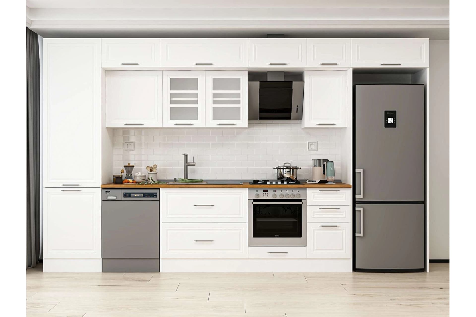 ALVİNKA 385X240 CM KLASİK MEBRAN MUTFAK DOLABI, MBB E80B60S45 3 MEBRAN BEYAZ SUNTALAM