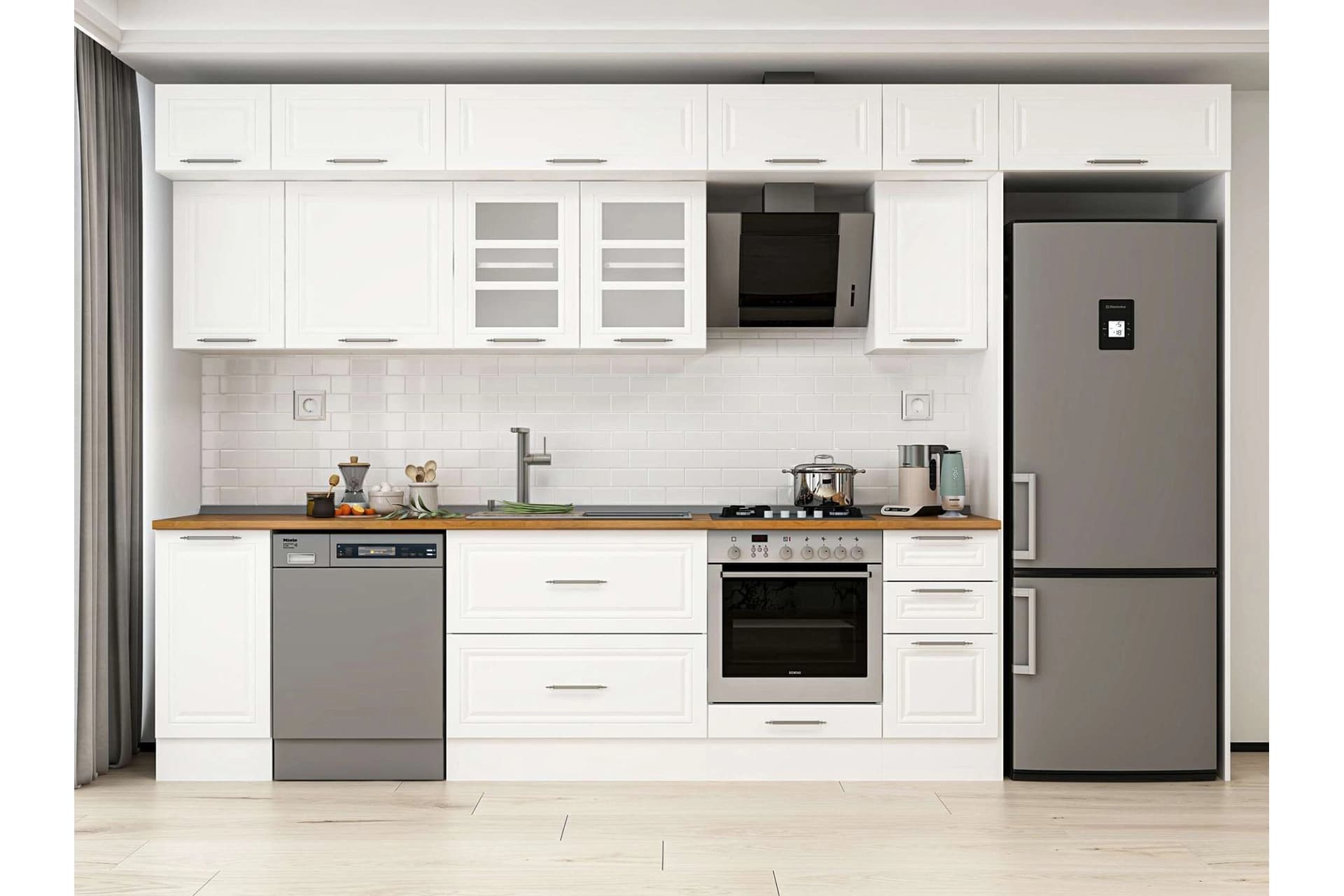 ALVİNKA 370X240 CM KLASİK MEBRAN MUTFAK DOLABI, MB E90S40S40 3 MEBRAN BEYAZ SUNTALAM