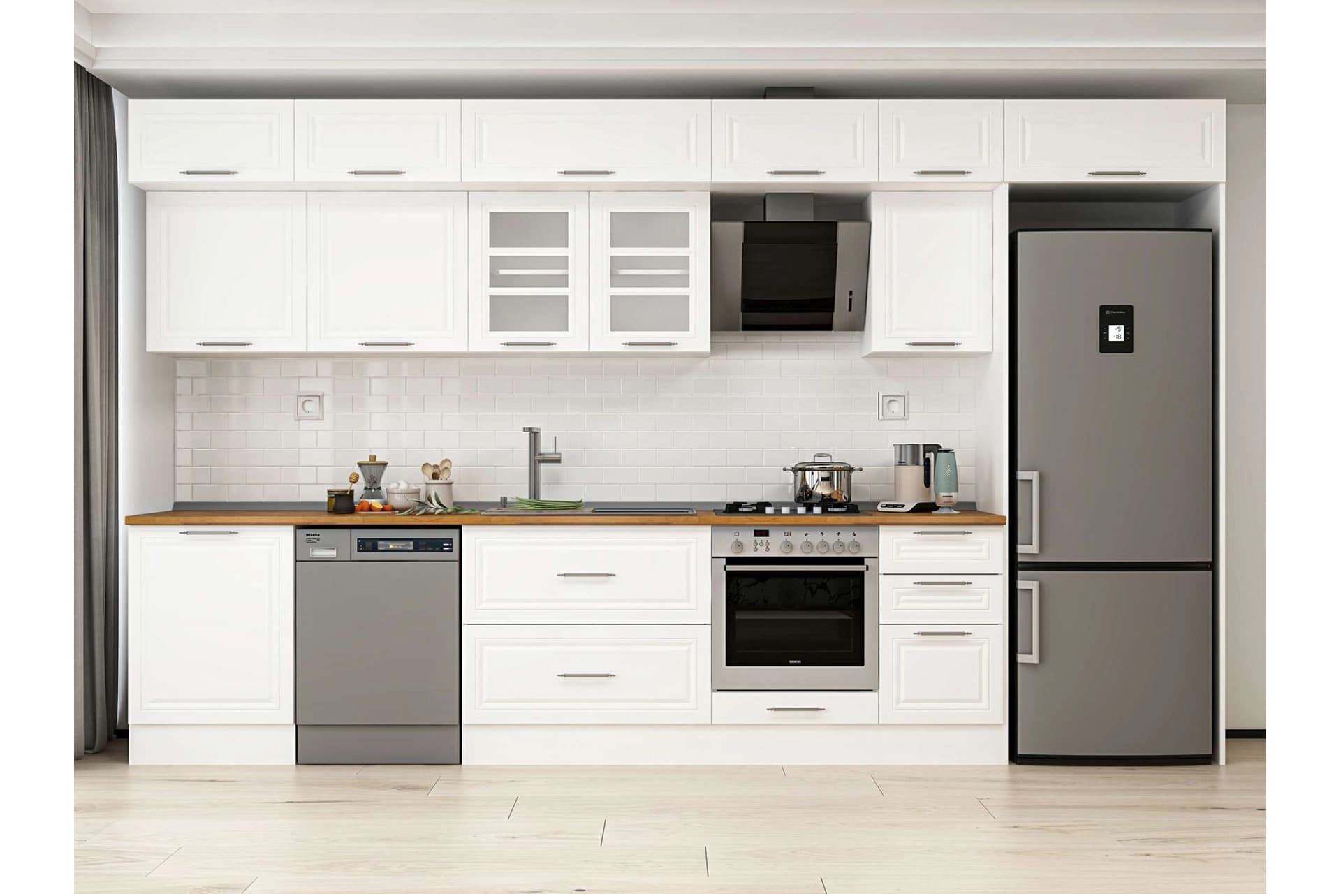 ALVİNKA 395X240 CM KLASİK MEBRAN MUTFAK DOLABI, MB E90S60S45 3 MEBRAN BEYAZ SUNTALAM
