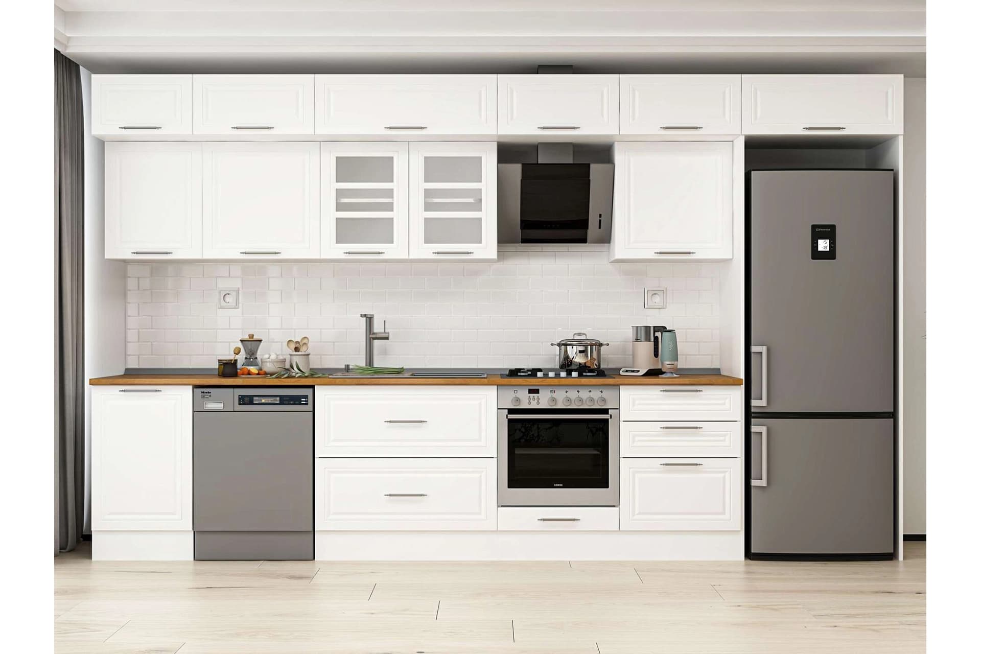 ALVİNKA 390X240 CM KLASİK MEBRAN MUTFAK DOLABI, MB E80S50S60 3 MEBRAN BEYAZ SUNTALAM