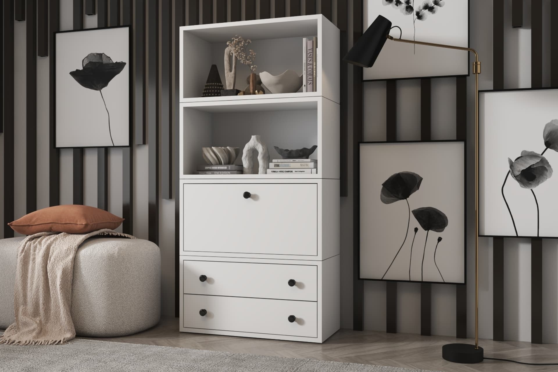 LEKSA DÜSER KAPAKLI ÇEKMECELİ RAFLI KİTAPLIK 65 CM BEYAZ KTP-1167-Ç
