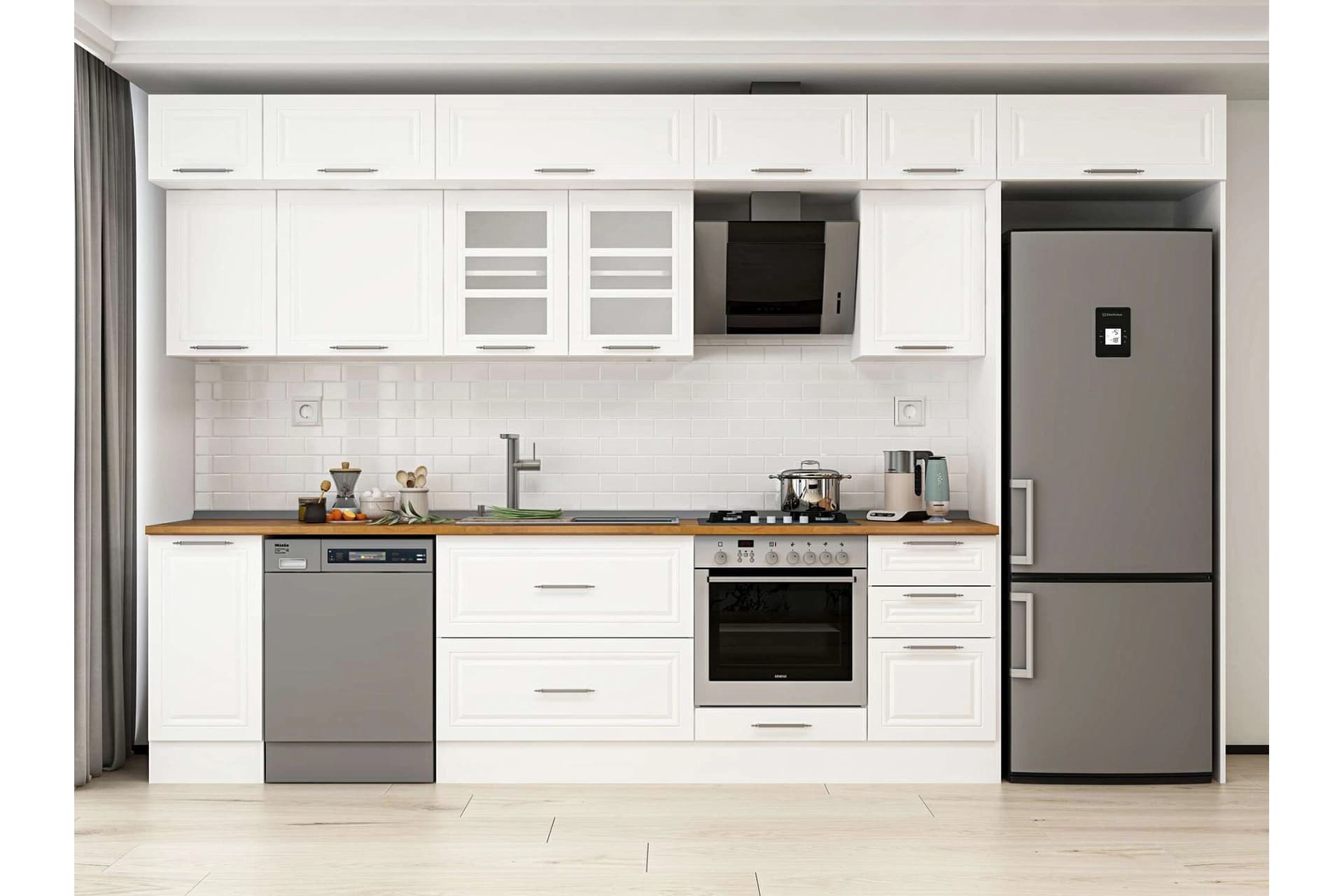 ALVİNKA 375X240 CM KLASİK MEBRAN MUTFAK DOLABI, MB E90S40S45 3 MEBRAN BEYAZ SUNTALAM