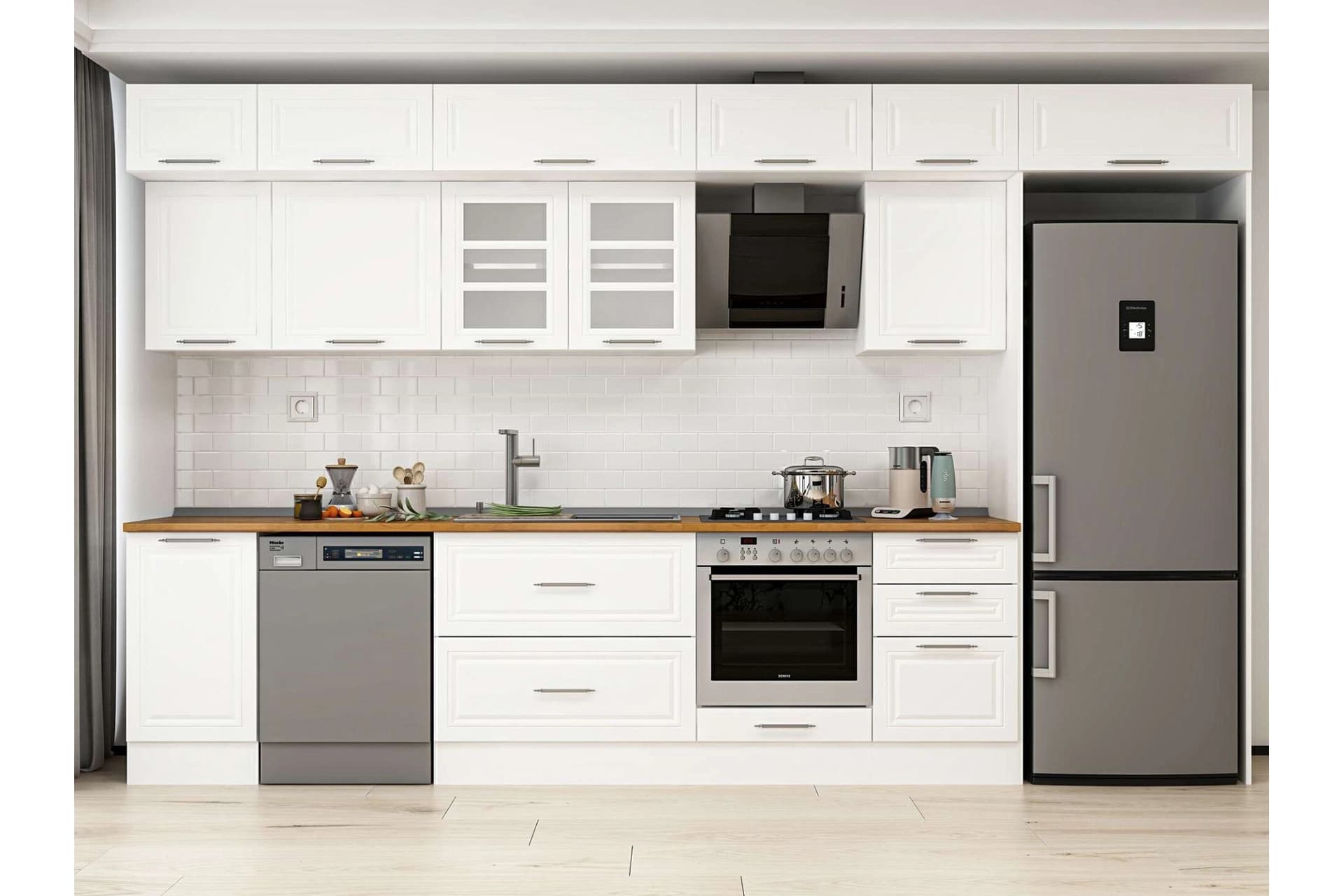 ALVİNKA 375X240 CM KLASİK MEBRAN MUTFAK DOLABI, MB E80S45S50 3 MEBRAN BEYAZ SUNTALAM