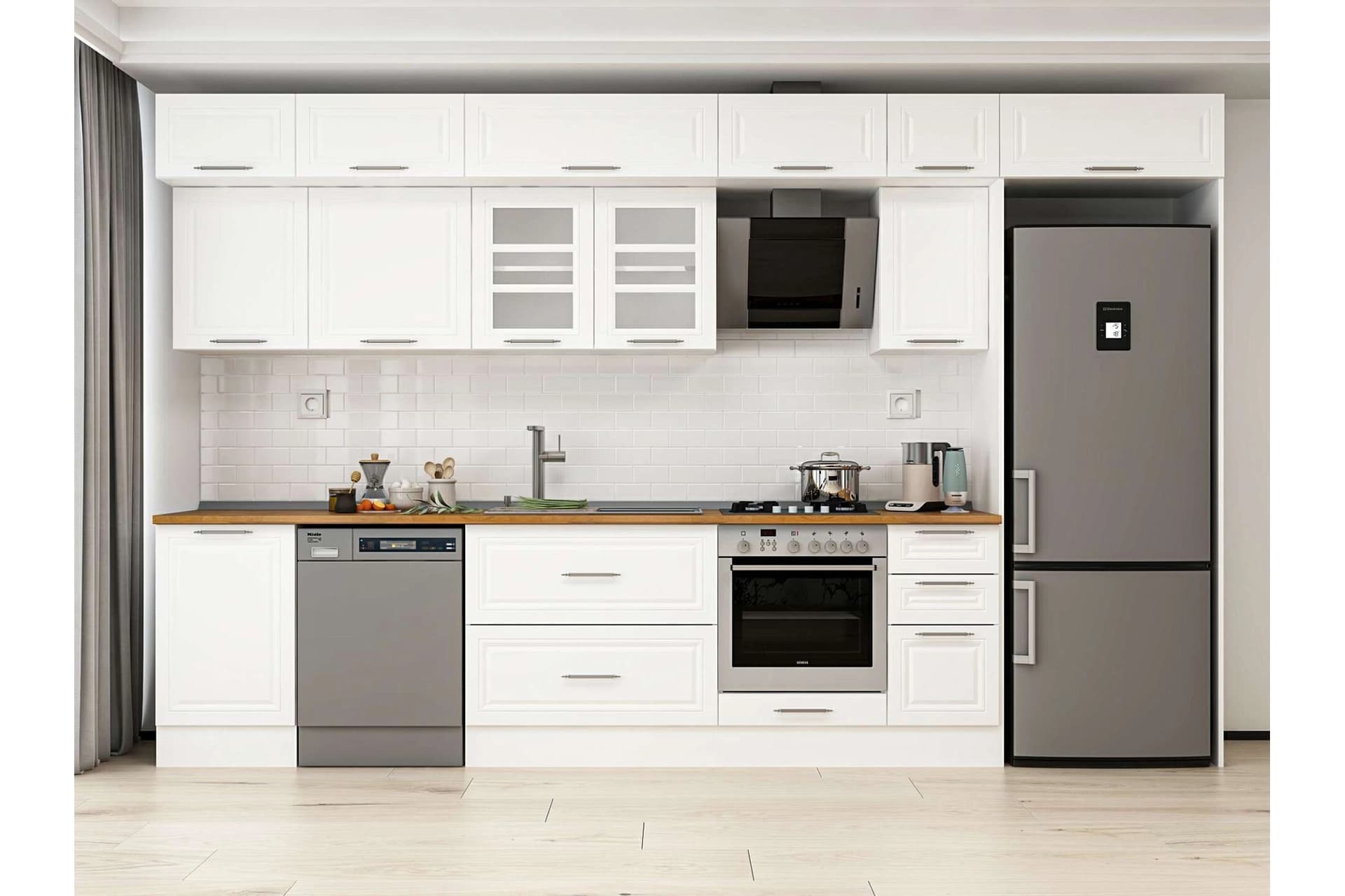 ALVİNKA 380X240 CM KLASİK MEBRAN MUTFAK DOLABI, MB E90S50S40 3 MEBRAN BEYAZ SUNTALAM