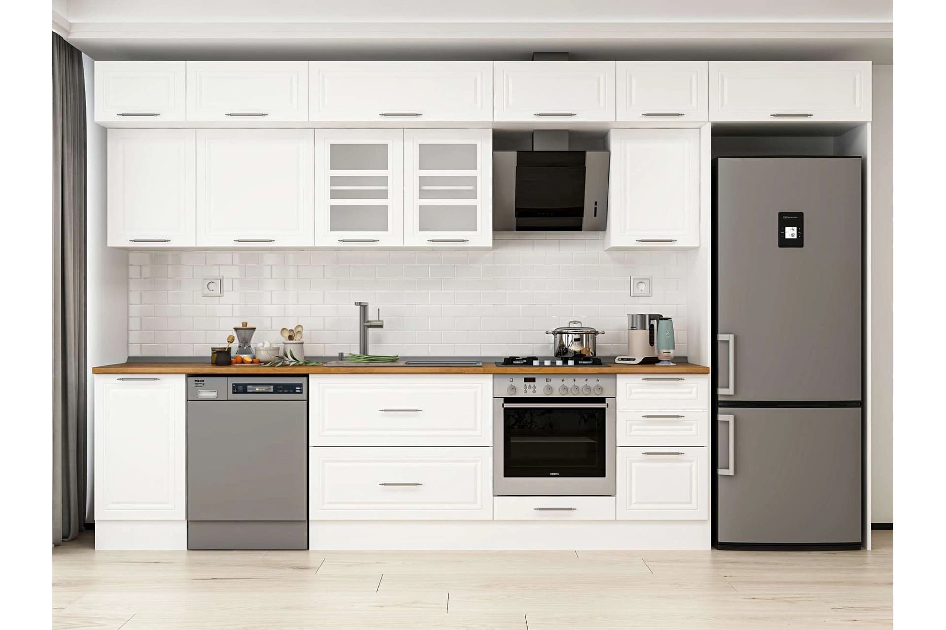 ALVİNKA 370X240 CM KLASİK MEBRAN MUTFAK DOLABI, MB E80S45S45 3 MEBRAN BEYAZ SUNTALAM