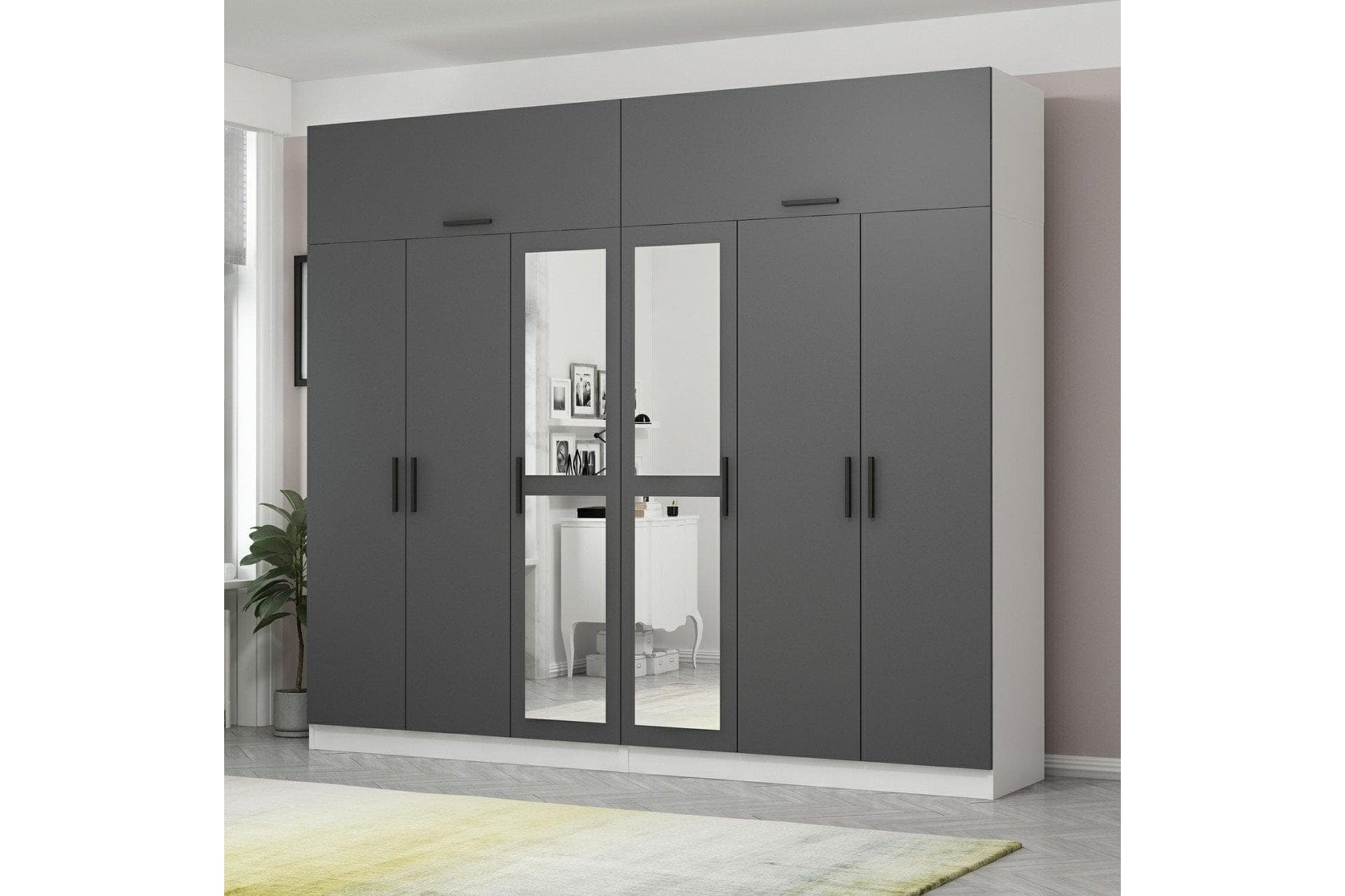 KALE 6 KAPAKLI 2 AYNALI 4 Ç DOLAP VE YÜKLÜK BEYAZ ANTRASİT 235CM